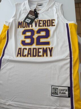 Monteverde Academy Basketball Jersey 32 in White, Purple & Yellow